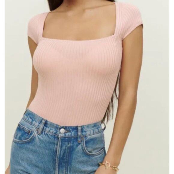 Reformation Cap-Sleeve Ribbed Knit Square Neck Blush Pink Bardot Top Small - Picture 2 of 9